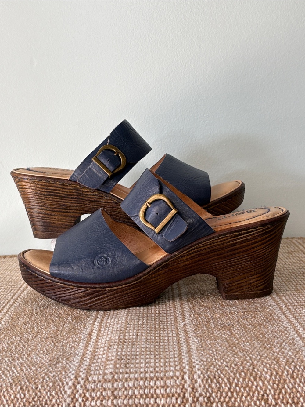 Born Navy Blue Leather Double-Strap Wedge Sandals; Adjustable buckles Size-8 - Picture 6 of 12